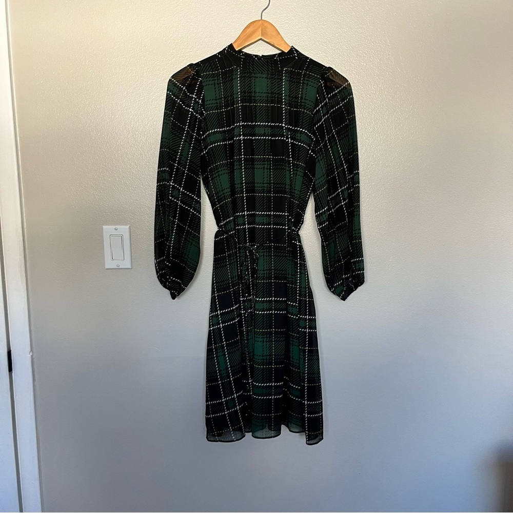 Ann Taylor Dark Green Plaid Long Sleeve Dress